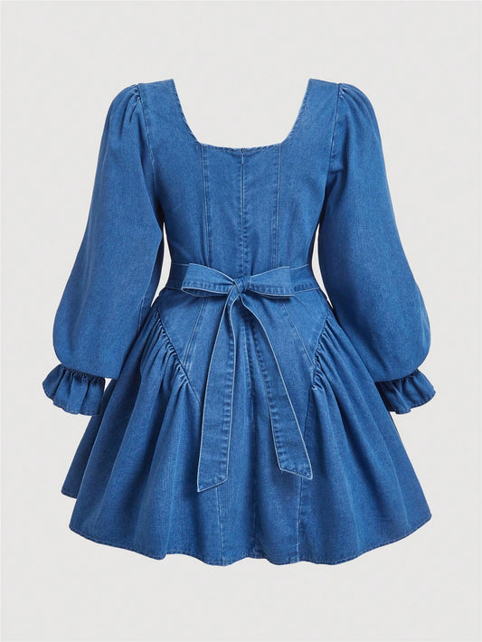 Chic Plus-Size Denim Mini Dress with Long Sleeves – Perfect for Fall Gatherings