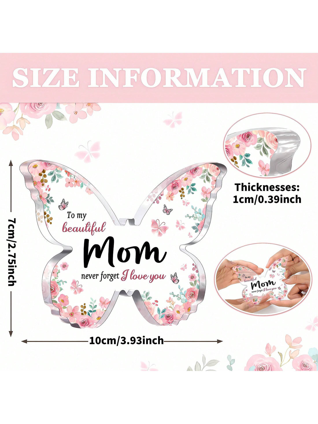 This charming pink butterfly acrylic plaque is the perfect gift for mom's special occasions! The delicate butterfly design adds a touch of beauty to any space, making it a lovely addition to her home decor. Show mom your love and appreciation with this unique and thoughtful gift.