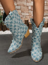 Trendy Tie-Dye Pointed Toe Cowboy Boots with Chunky Heels – Stylish Mid-Calf Slip-Ons for Effortless Western Vibes