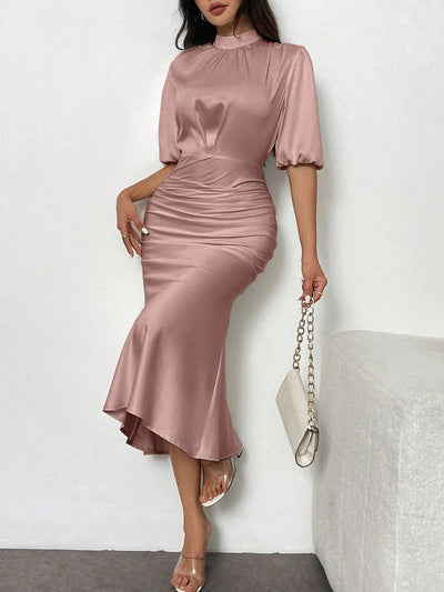 Elegant Puff Sleeve Satin Dress with Cinched Waist & Fishtail Hem