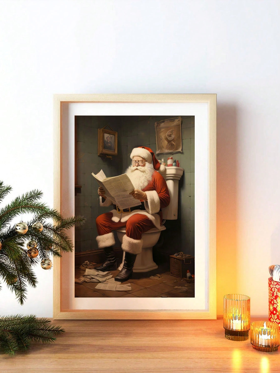 Add a touch of humor to your festive bathroom with the Jolly Santa on the Throne canvas wall art. Featuring a jolly Santa sitting on the toilet, this piece is sure to bring a smile to your face. Made with high-quality materials, it's the perfect addition to your holiday decor.