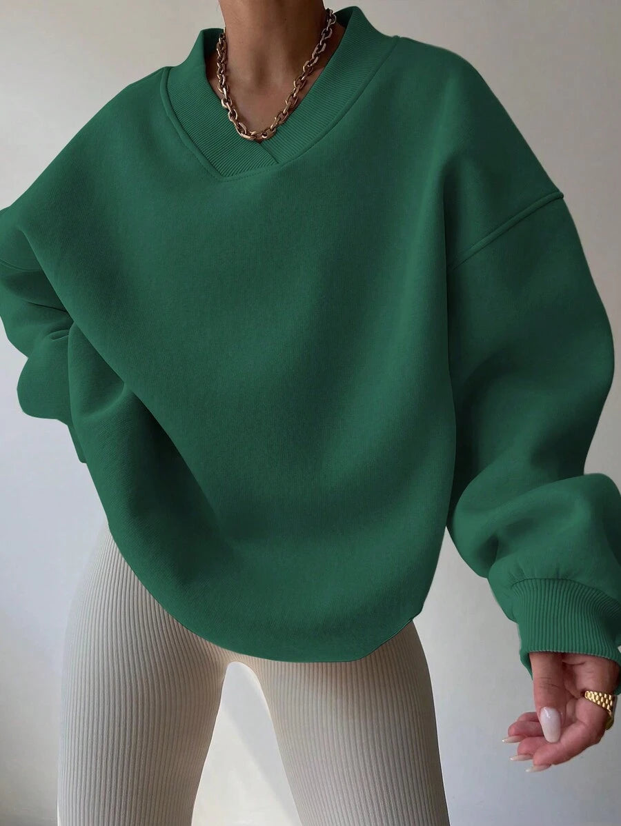 Front view of Casual V-Neck Drop Shoulder Loose Fit Sweatshirt for Women - Perfect for Back to School and Graduation in Green color