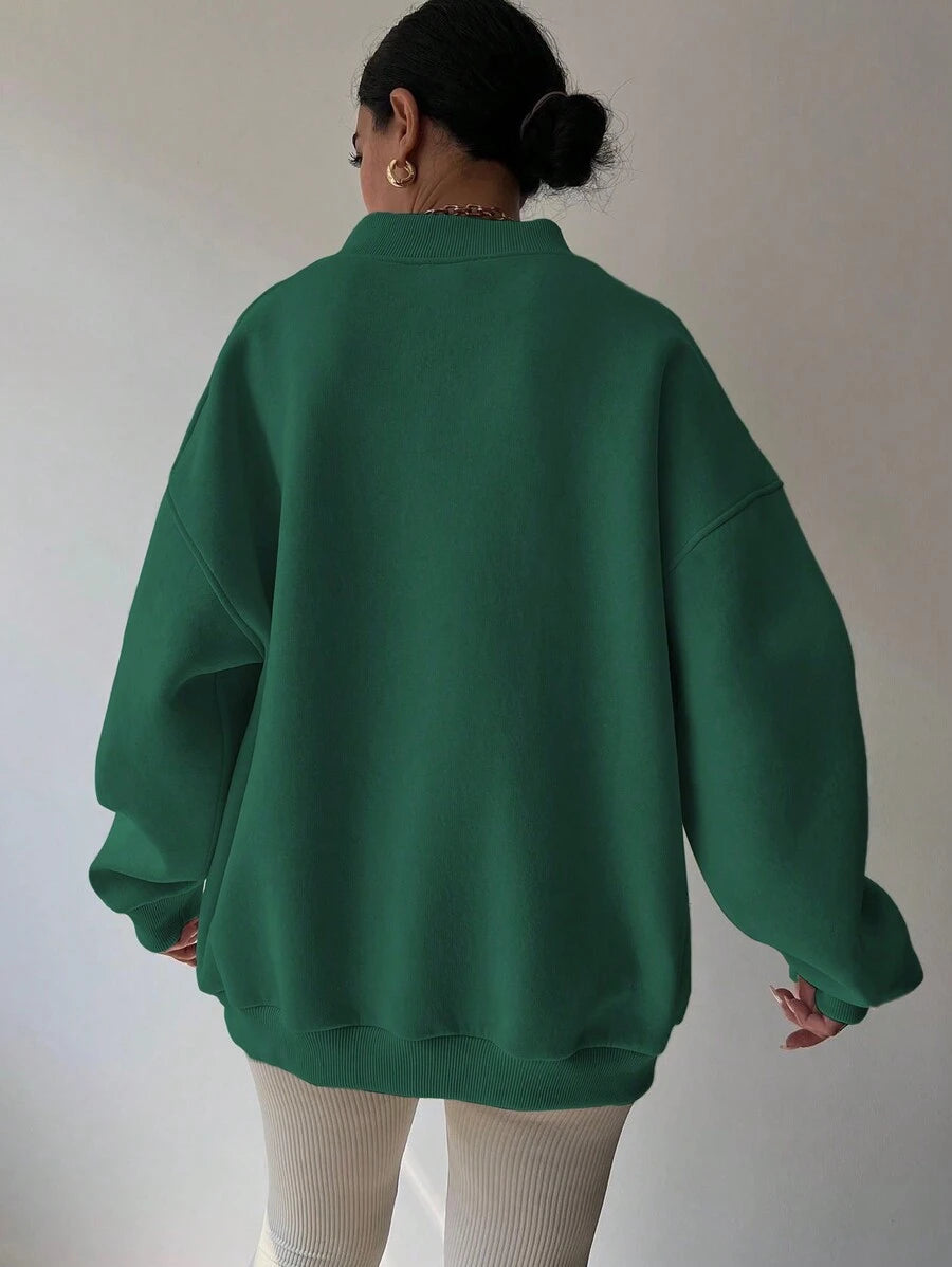 Front view of Casual V-Neck Drop Shoulder Loose Fit Sweatshirt for Women - Perfect for Back to School and Graduation in Green color