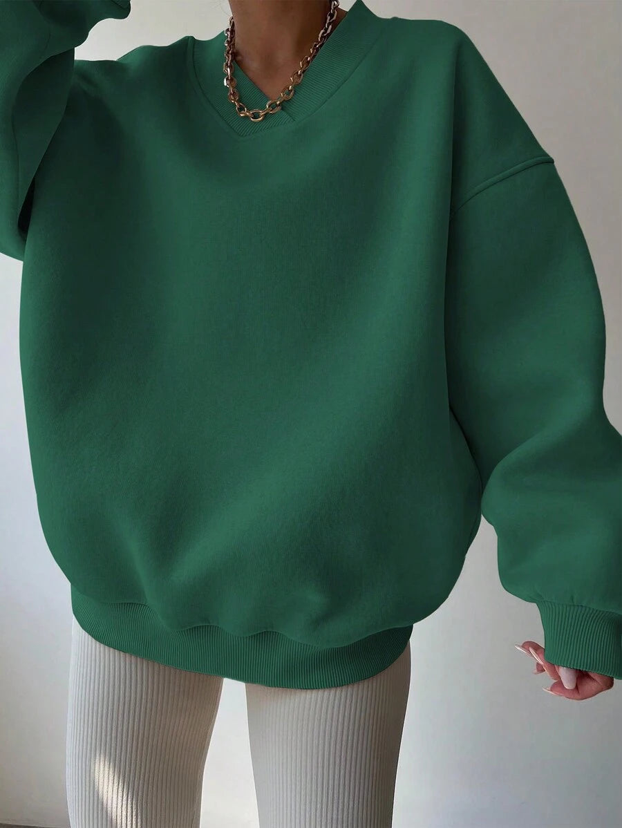 Back view of Casual V-Neck Drop Shoulder Loose Fit Sweatshirt for Women - Perfect for Back to School and Graduation loose fit sweatshirt