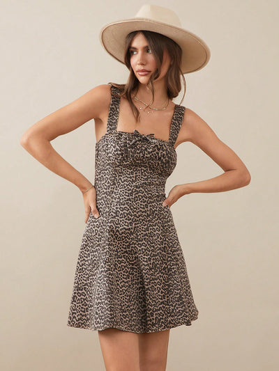 Wildly Chic: Denim Leopard Print Mini Dress with Bow