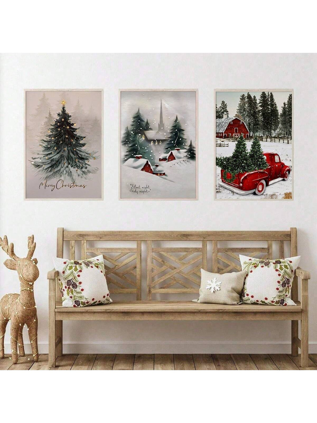 Experience the holiday cheer with our Festive Farmhouse Charm wall art set! This 3-piece set features charming Merry Christmas designs, perfect for adding a touch of warmth and holiday spirit to your decor. Made from high-quality materials, these pieces are durable and sure to last for many holiday seasons to come. Bring joy to your home with our Merry Christmas wall art set.