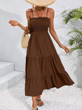 Brown smocked bodice tiered maxi sundress with ruffle neckline