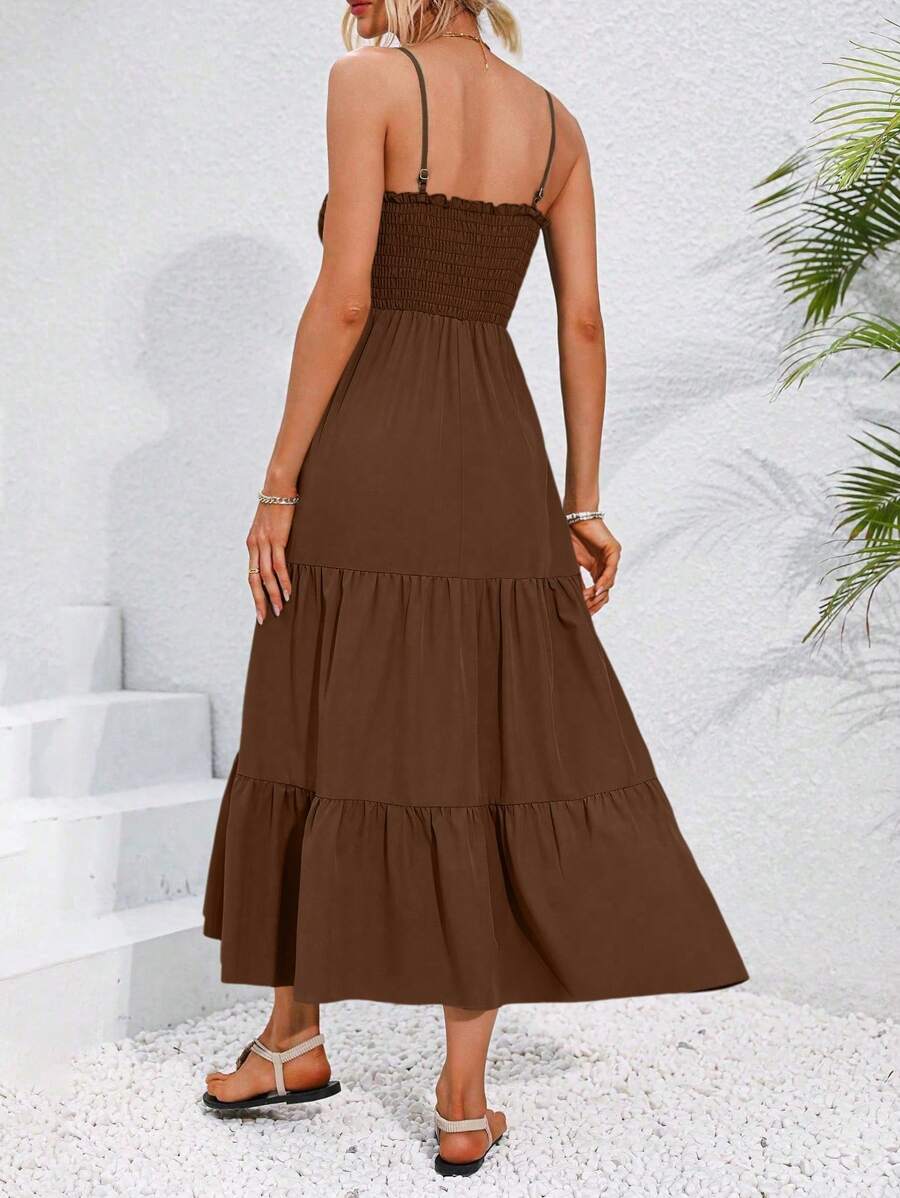Back view brown smocked tiered maxi sundress with adjustable straps