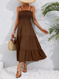 Brown smocked bodice tiered maxi sundress with A-line tiered skirt