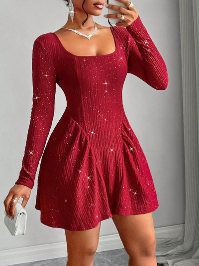 Glittering Glamour: Square Collar Backless Swing Dress for Date Night