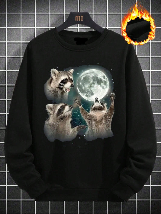 Cozy Raccoon & Moon Print Sweatshirt for Men - Stylish Thermal Lined Pullover for Autumn & Winter