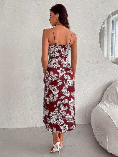 Chic Summer Breeze: Floral Print High-Slit Slip Dress