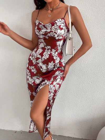 Chic Summer Breeze: Floral Print High-Slit Slip Dress