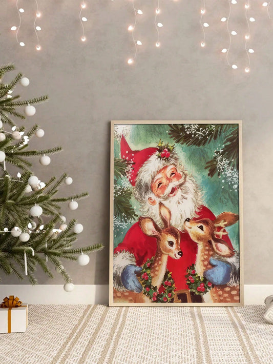 Charming Santa Elk Canvas Art Print - Vintage Holiday Wall Decor for Home & Office