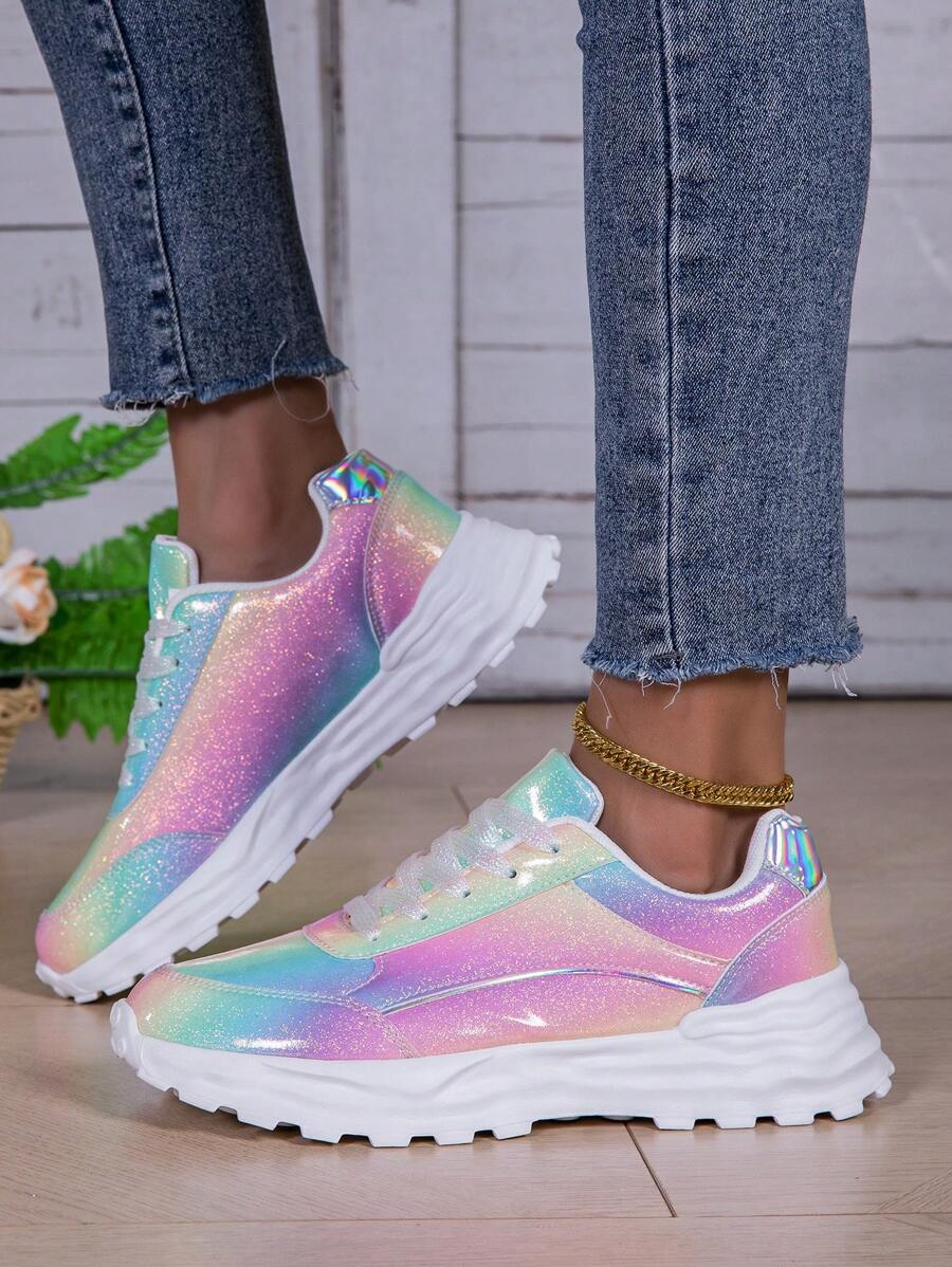 Step into style and comfort with these eye-catching women's sneakers. Featuring breathable mesh construction, they keep your feet cool during workouts, running, or daily wear. The vibrant colorful sequin detailing adds a playful, fashionable touch that stands out from the crowd. Designed for active lifestyles, these sneakers offer reliable support for fitness routines, gym sessions, and back-to-school adventures. 