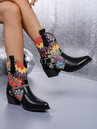 Chic Floral Patchwork Western Ankle Boots with Block Heels & Metal Buckle