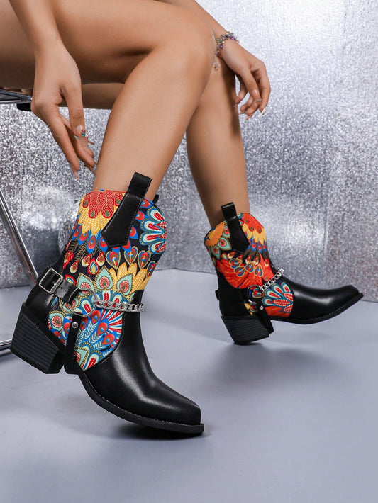 Chic Floral Patchwork Western Ankle Boots with Block Heels & Metal Buckle