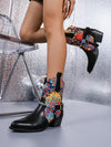 Chic Floral Patchwork Western Ankle Boots with Block Heels & Metal Buckle