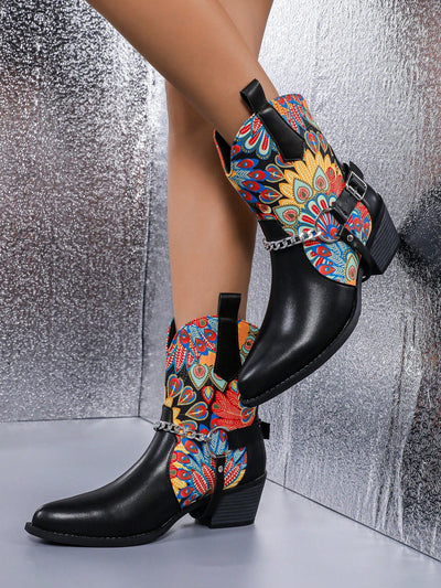 Chic Floral Patchwork Western Ankle Boots with Block Heels & Metal Buckle