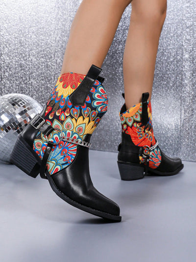 Chic Floral Patchwork Western Ankle Boots with Block Heels & Metal Buckle