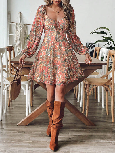 Chic Floral Cinched Waist Midi Dress for Effortless Winter Elegance