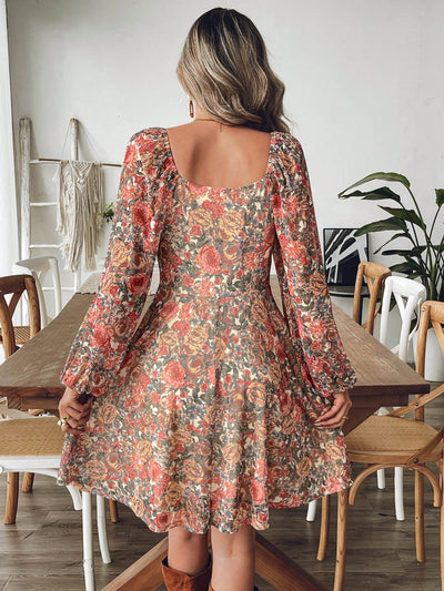 Chic Floral Cinched Waist Midi Dress for Effortless Winter Elegance