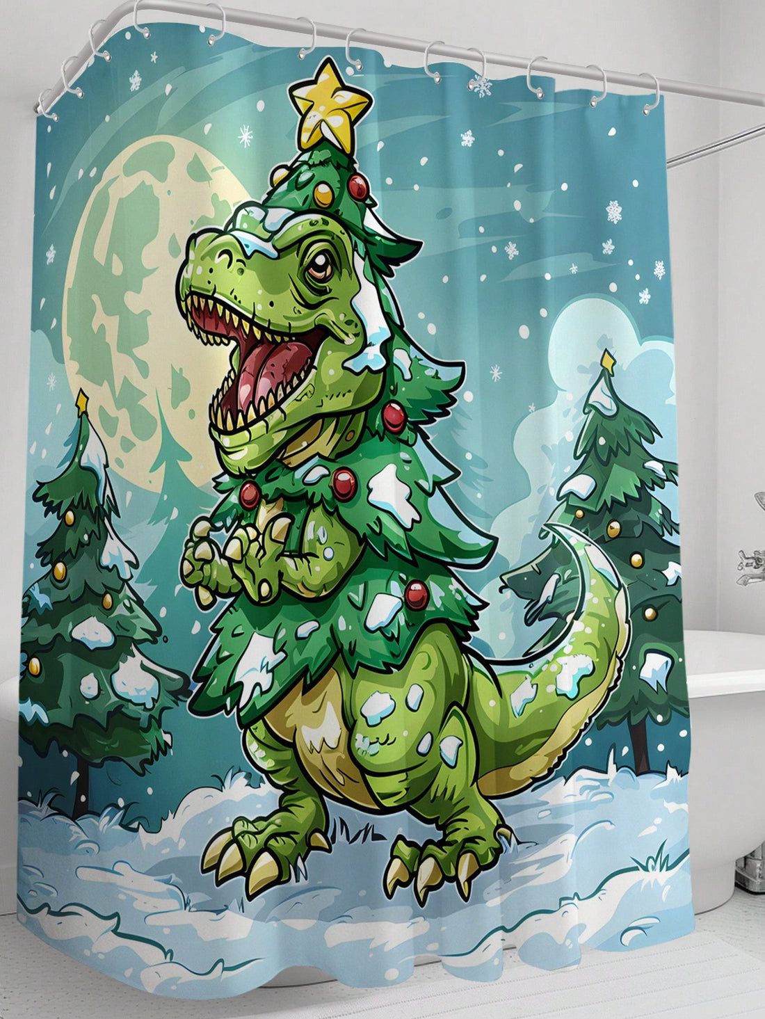 Transform your bathroom into a winter wonderland with Festive Dino Delight. This waterproof bath curtain features a festive Christmas tree and playful dinosaurs, with easy-to-use hooks for quick installation. Create a fun and festive atmosphere while protecting your floors from water damage.