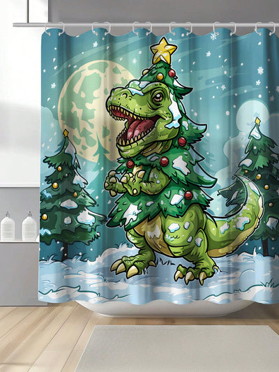 Festive Dino Delight: Waterproof Christmas Tree Dinosaur Bath Curtain with Hooks