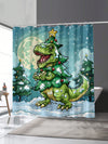 Festive Dino Delight: Waterproof Christmas Tree Dinosaur Bath Curtain with Hooks