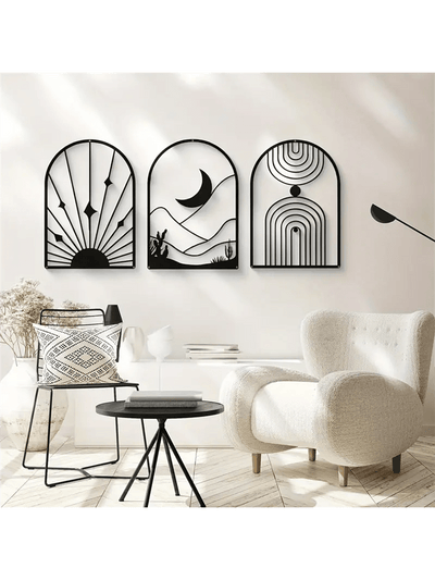 Boho Black Abstract Metal Wall Art - 4-Piece Geometric Line Sculpture Set for Minimalist Home Decor