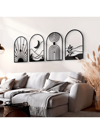 Boho Black Abstract Metal Wall Art - 4-Piece Geometric Line Sculpture Set for Minimalist Home Decor