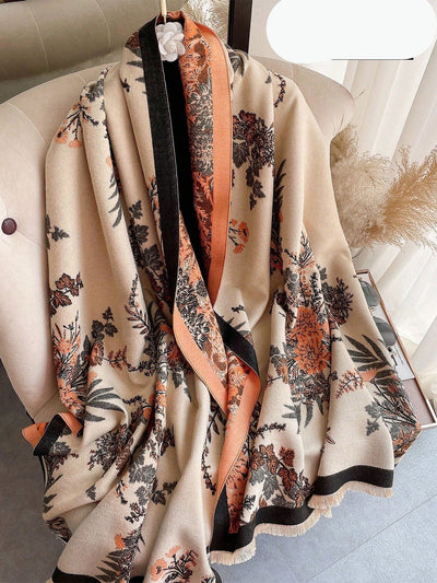 Chic Floral Jacquard Knit Shawl Scarf - Cozy Cashmere Feel for Autumn & Winter