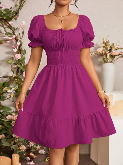 Chic Summer Vibes: Tie Front Ruffle Hem Puff Sleeve Dress