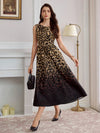 Chic Vintage-Inspired Sleeveless A-Line Midi Dress with Leopard Print & Pockets