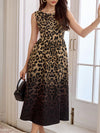 Chic Vintage-Inspired Sleeveless A-Line Midi Dress with Leopard Print & Pockets