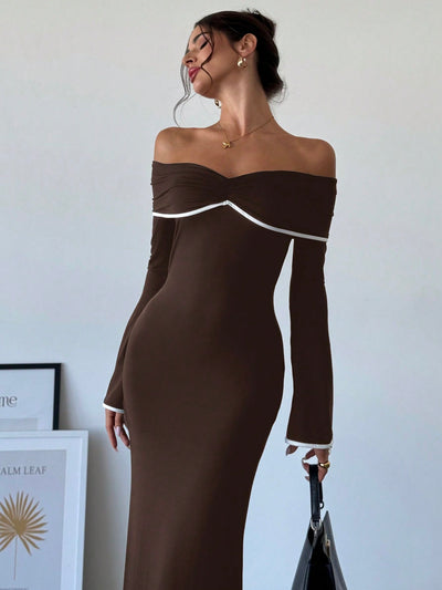 Chic Off-Shoulder Color Block Mermaid Dress – Elegance Meets Bold Style