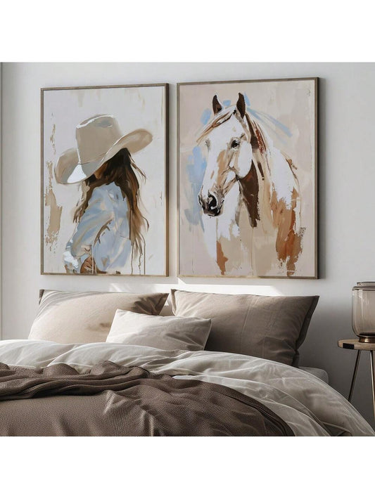 Cowboy Girl and Horse Painting Wall Art Set - Retro Aesthetic Decor for Trendy Spaces (No Frame)