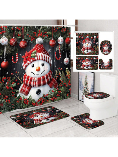 Festive Holiday Joy: 4-Piece Stained Glass Christmas Shower Curtain Set with Rugs & Toilet Lid Cover