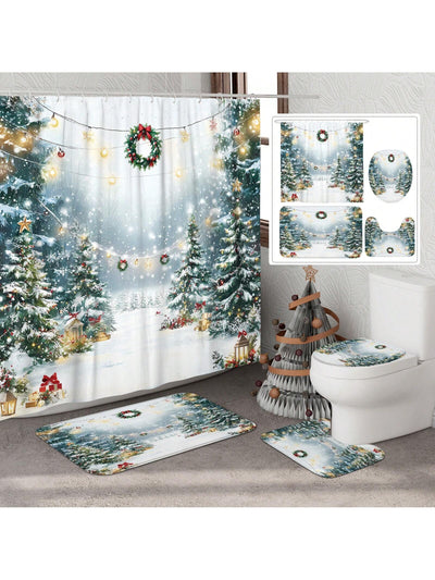 Festive Holiday Joy: 4-Piece Stained Glass Christmas Shower Curtain Set with Rugs & Toilet Lid Cover