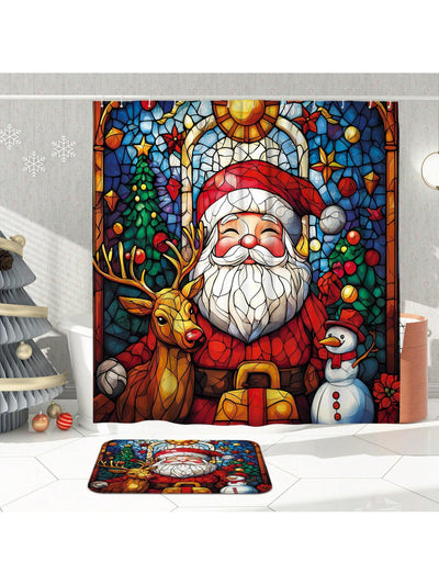 Festive Holiday Joy: 4-Piece Stained Glass Christmas Shower Curtain Set with Rugs & Toilet Lid Cover