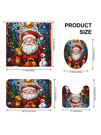 Festive Holiday Joy: 4-Piece Stained Glass Christmas Shower Curtain Set with Rugs & Toilet Lid Cover