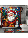 Festive Holiday Joy: 4-Piece Stained Glass Christmas Shower Curtain Set with Rugs & Toilet Lid Cover