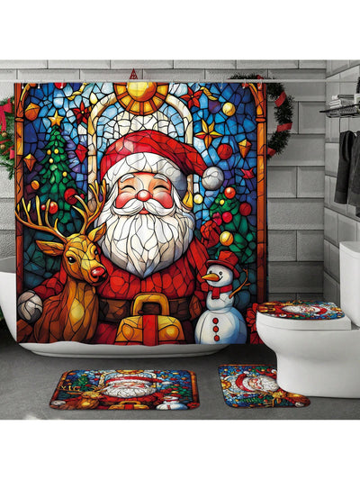 Festive Holiday Joy: 4-Piece Stained Glass Christmas Shower Curtain Set with Rugs & Toilet Lid Cover