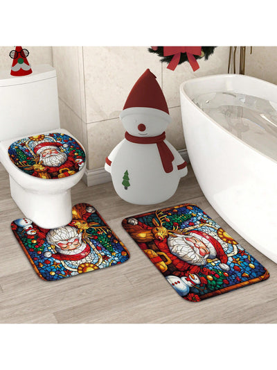 Festive Holiday Joy: 4-Piece Stained Glass Christmas Shower Curtain Set with Rugs & Toilet Lid Cover