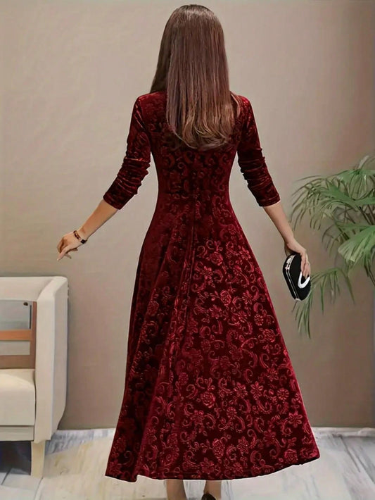 Chic Velvet Floral Swing Dress with Square Neckline - Perfect for Fall