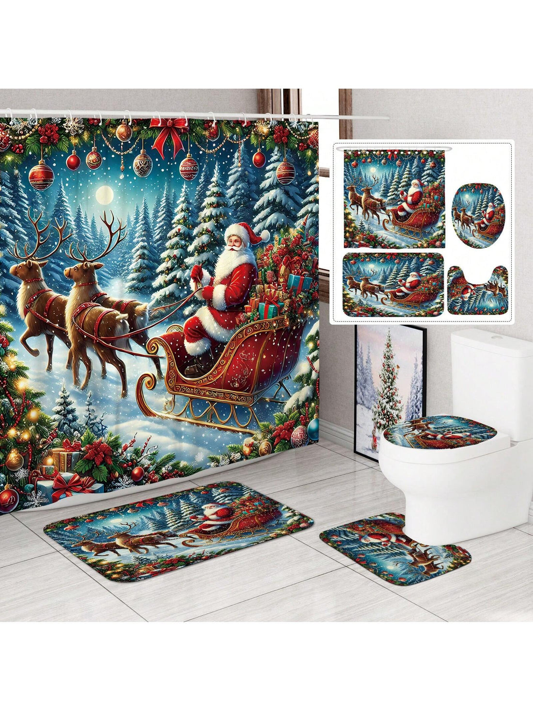 Add a touch of festive joy to your bathroom with our 4-piece Stained Glass Christmas Shower Curtain Set. The set includes a shower curtain, two rugs, and a toilet lid cover, all adorned with holiday-themed stained glass designs. Transform your bathroom into a winter wonderland and experience the joy of the holiday season every time you step in.