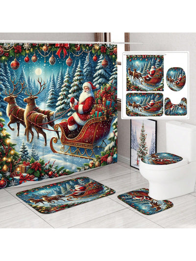 Festive Holiday Joy: 4-Piece Stained Glass Christmas Shower Curtain Set with Rugs & Toilet Lid Cover