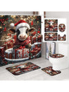 Festive Holiday Joy: 4-Piece Stained Glass Christmas Shower Curtain Set with Rugs & Toilet Lid Cover