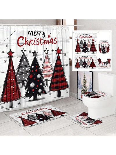 Festive Holiday Joy: 4-Piece Stained Glass Christmas Shower Curtain Set with Rugs & Toilet Lid Cover