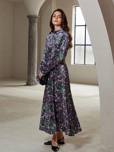 Chic Velvet Floral Print Dress with Stand Collar and Metal Buttons for Elegant Autumn Wear